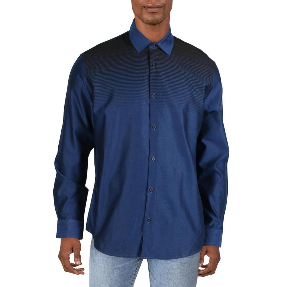 Alfani Mens Croydon Navy Woven Striped Collared Button-Down Shirt NWT